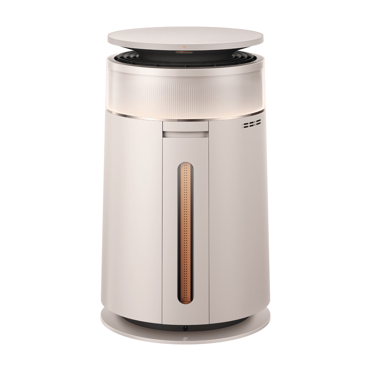 White air purifier with circular top vent and vertical indicator window panel