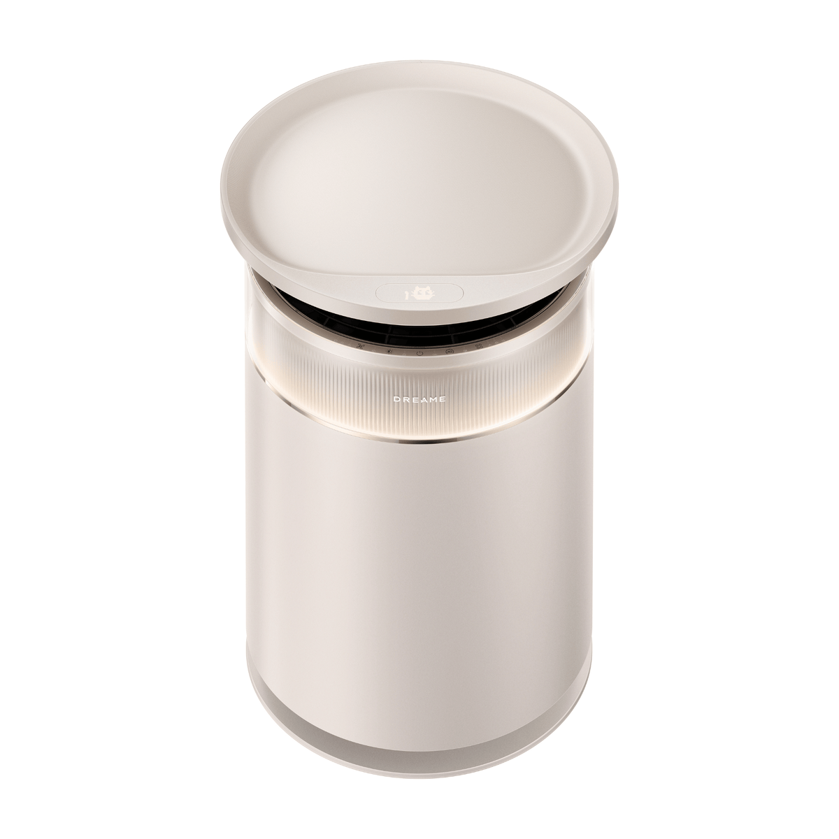 White air purifier with open top cover and recessed circular intake opening