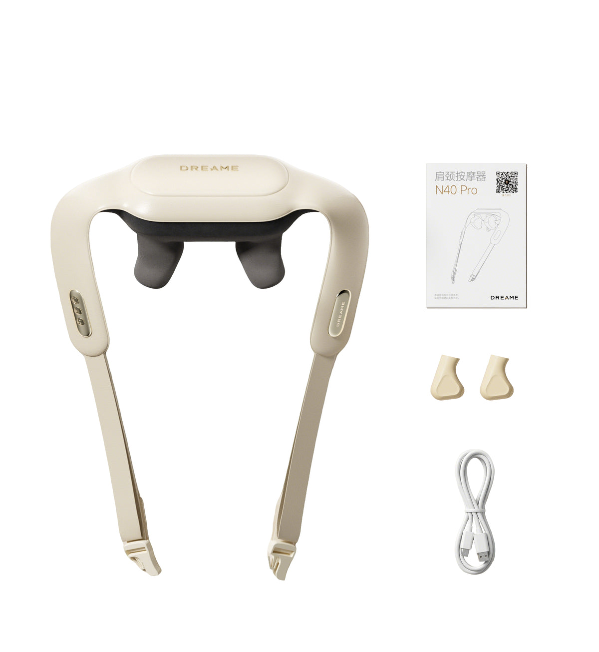 Neck and shoulder massager with cream straps and three black massage heads