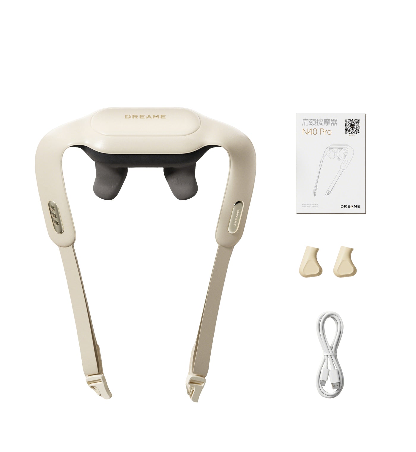 Neck and shoulder massager with cream straps and three black massage heads
