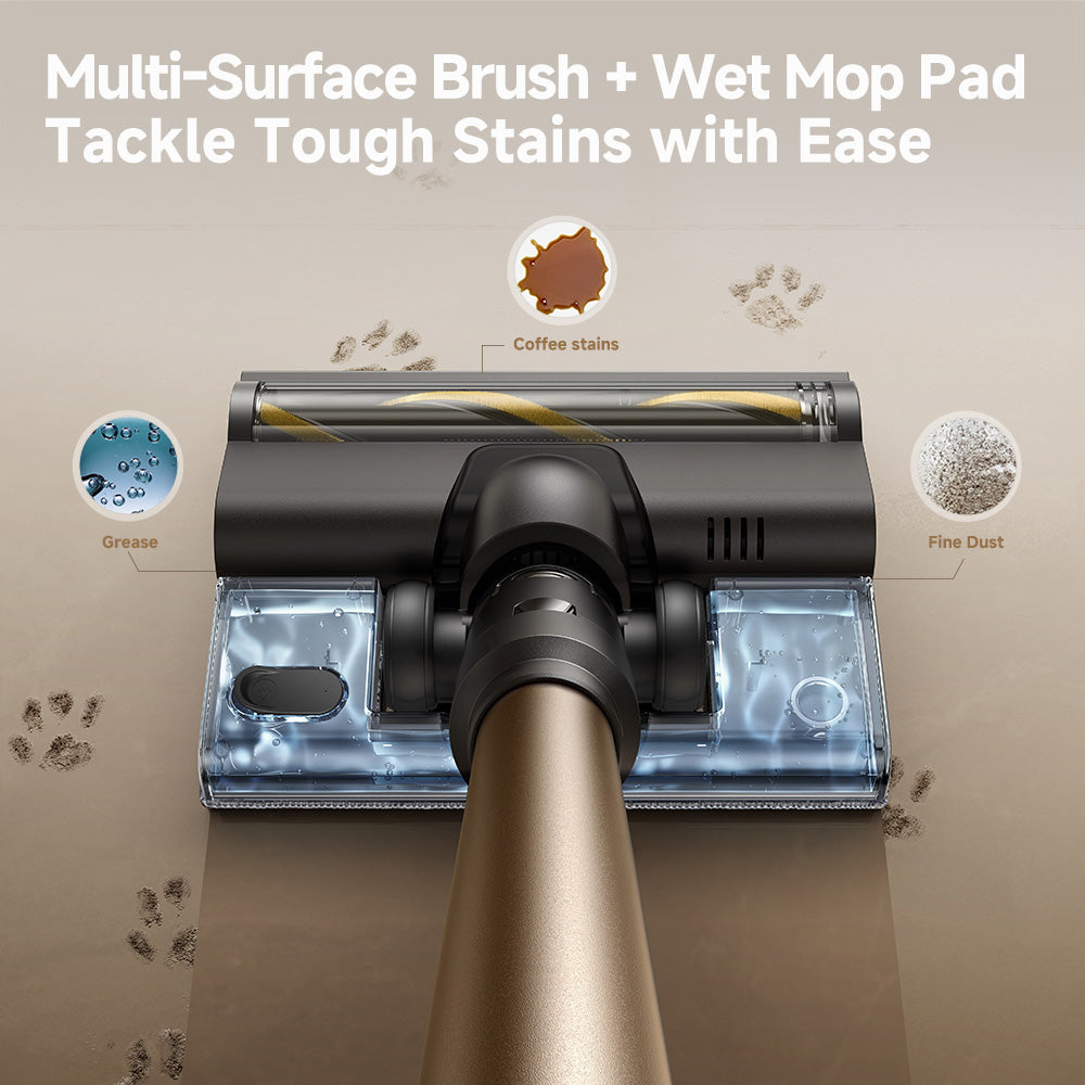 Multi-surface brush roller with wet mop pad attachment for cordless stick vacuum