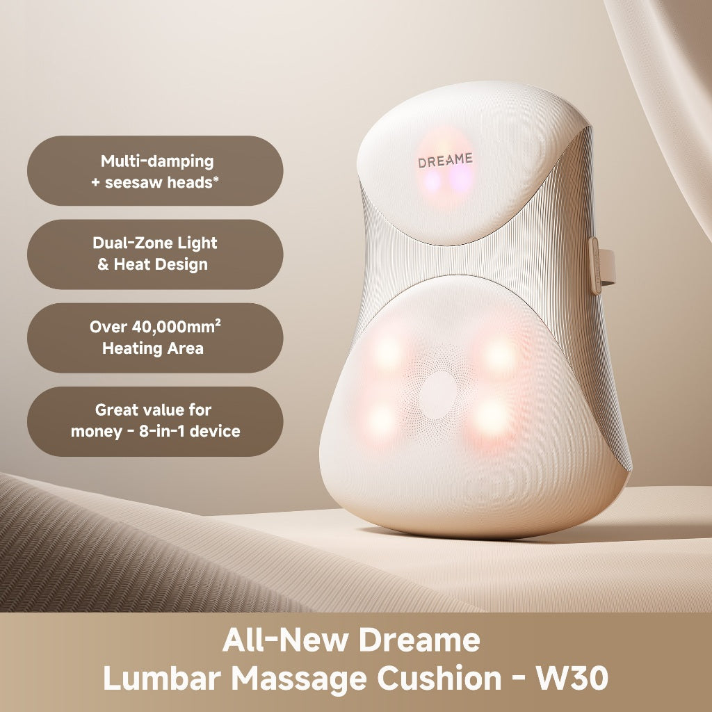 Lumbar massage cushion with dual-zone heated areas, white with gray side panels