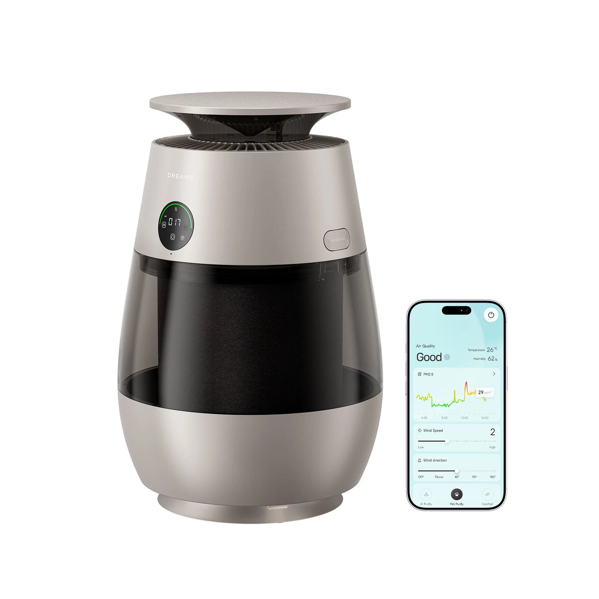 Pet air purifier fan in silver and black with digital control on front