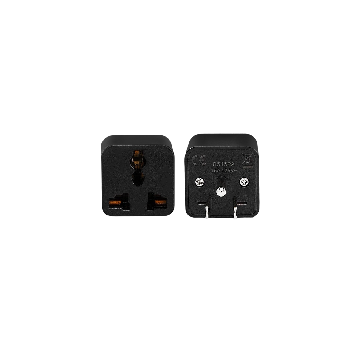 Universal travel adapter plug, black back with CE marking and dual prongs