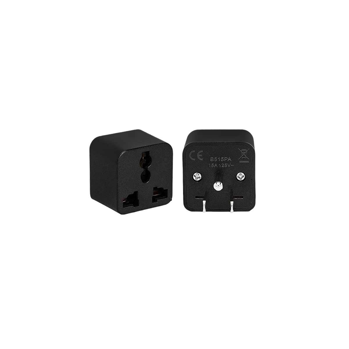 Universal travel adapter plug, black front with two-pin outlet and ground slot