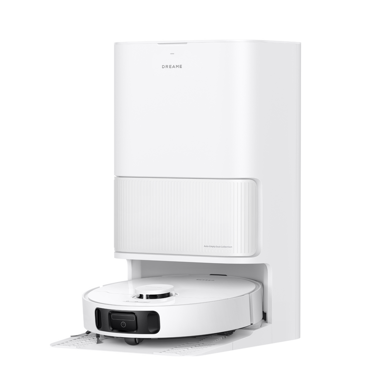 White robot vacuum with self-emptying charging dock and open top panel