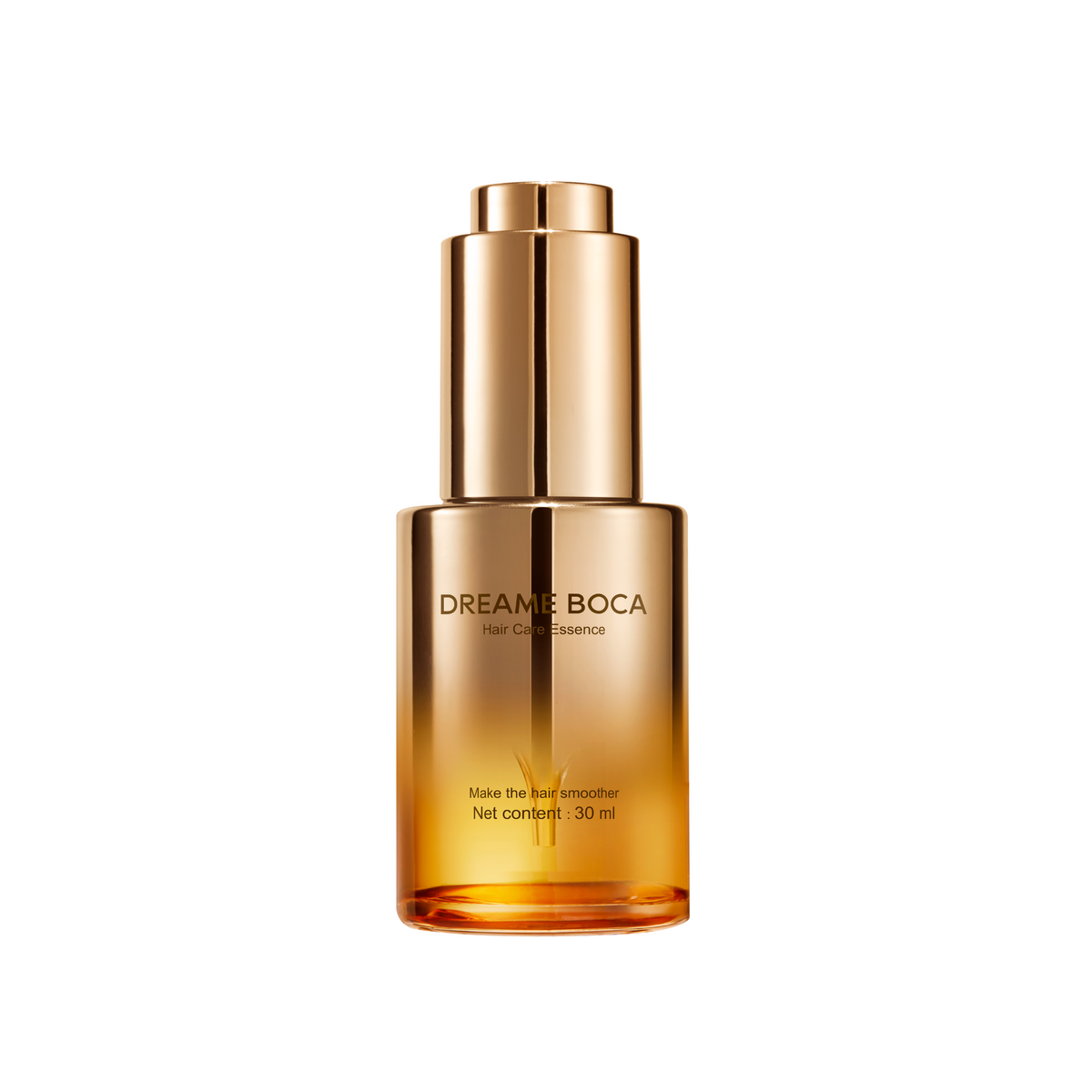 Gold hair care essence bottle with pump-style dispenser and amber base liquid