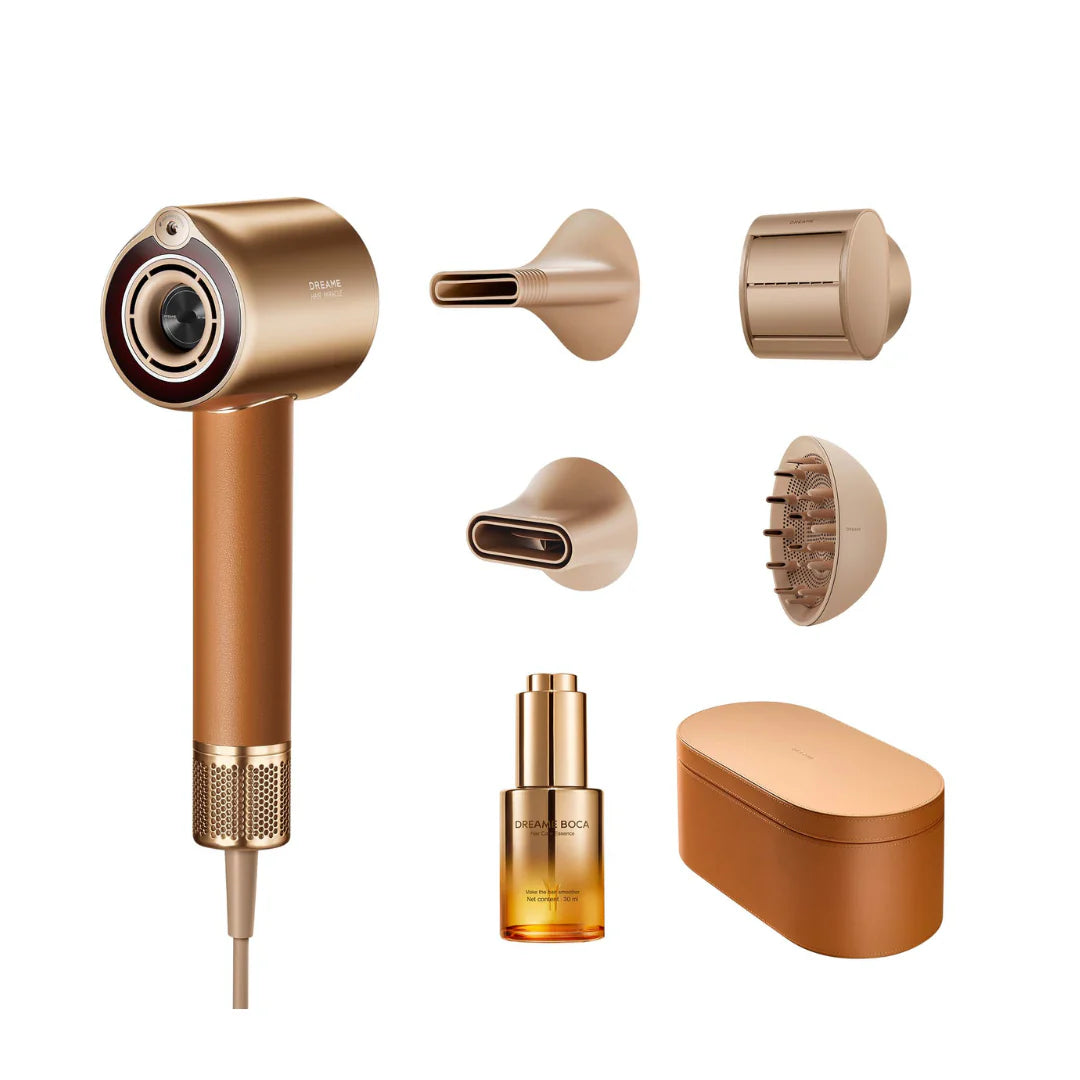 Dreame Miracle Pro hair dryer in metallic gold with concentrator nozzle