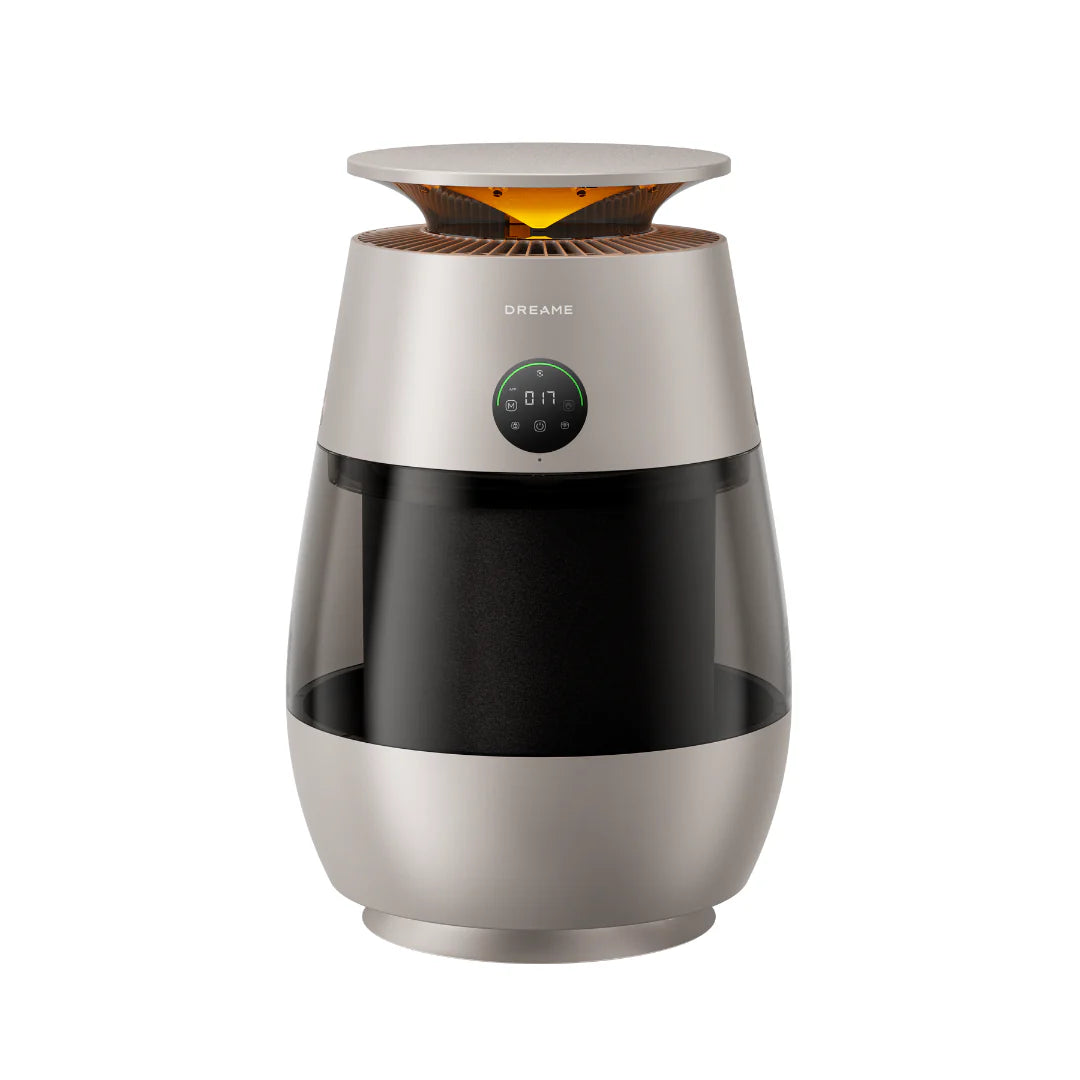 Pet air purifier fan with circular top vent and silver-black body