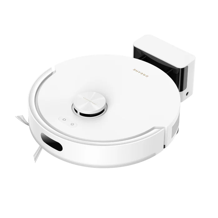 White robot vacuum with central round lidar module and side dust brush near edge
