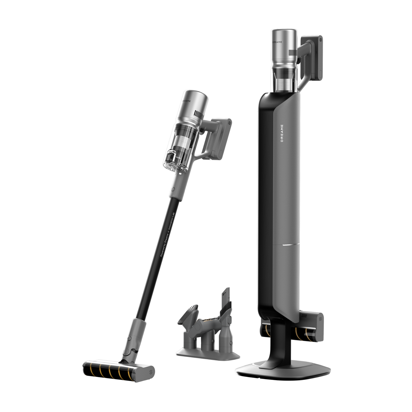 Cordless vacuum with handheld unit and auto-empty dock base, plus roller brush