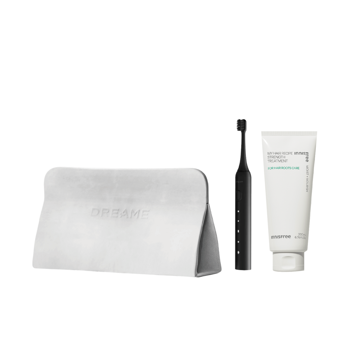 Gray cosmetic pouch with DREAME logo, with black electric toothbrush and cream tube