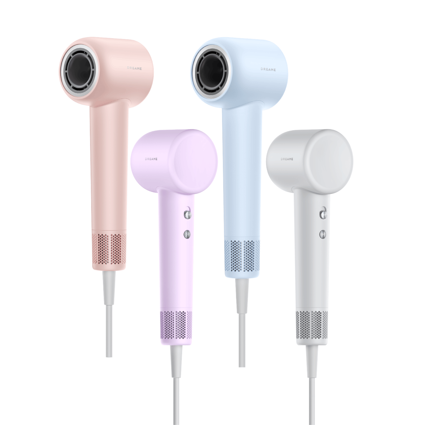 Gray, pink, and blue hair dryer trio with smoothing nozzle attachments