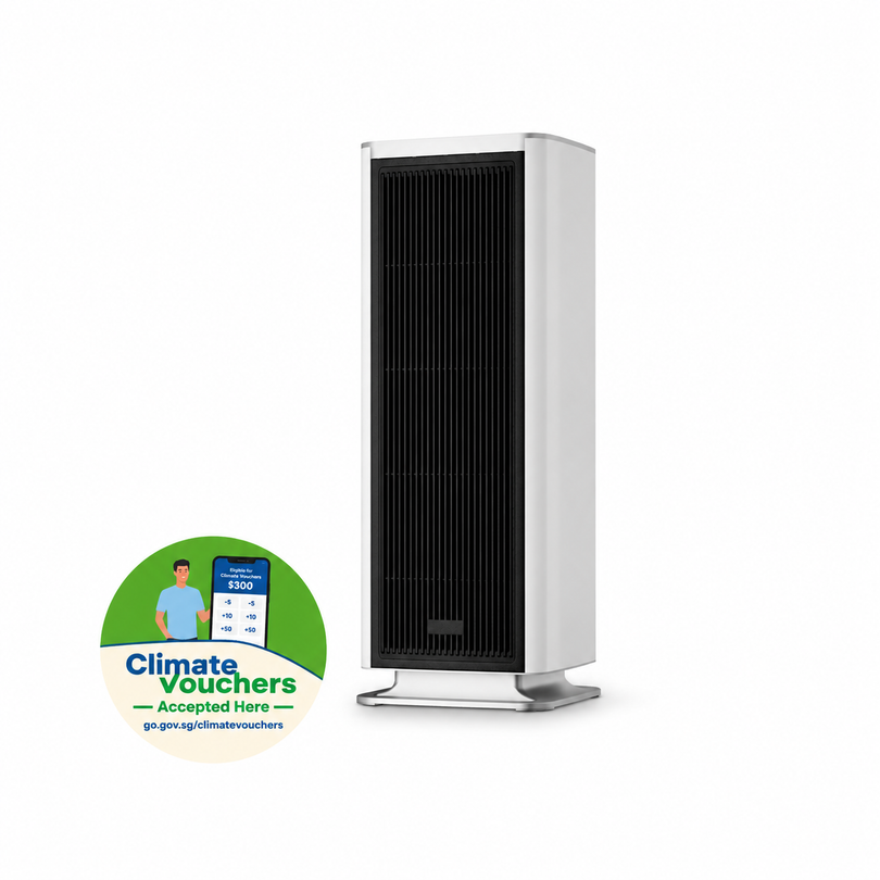White air purifier tower with Climate Vouchers accepted badge