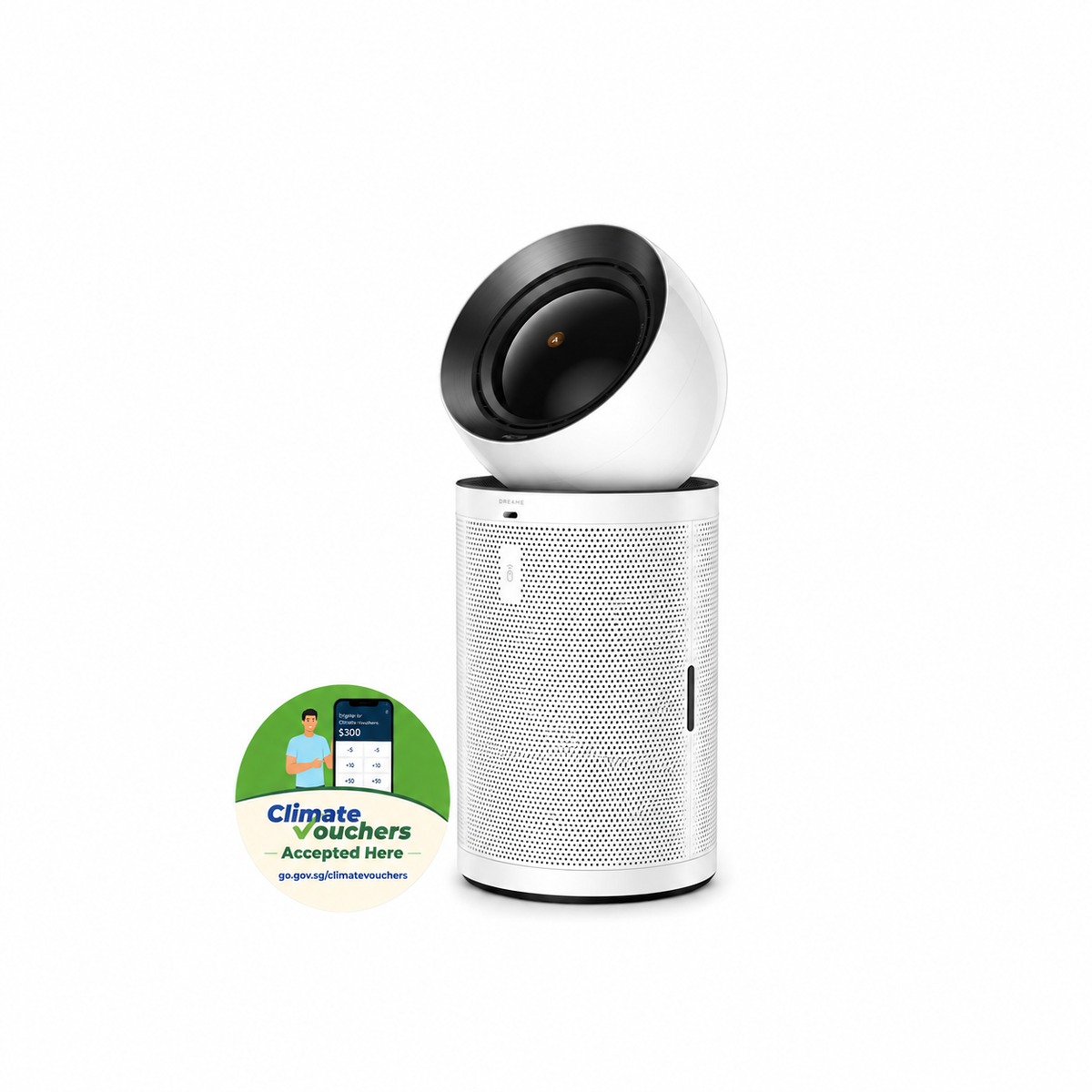 Dreame PM NEO HEPA air purifier, white cylinder with black rotating head