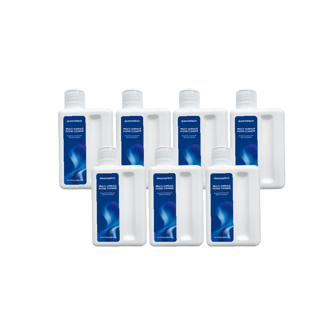 7-pack multi-surface floor cleaner liquid bottles, white with blue labels
