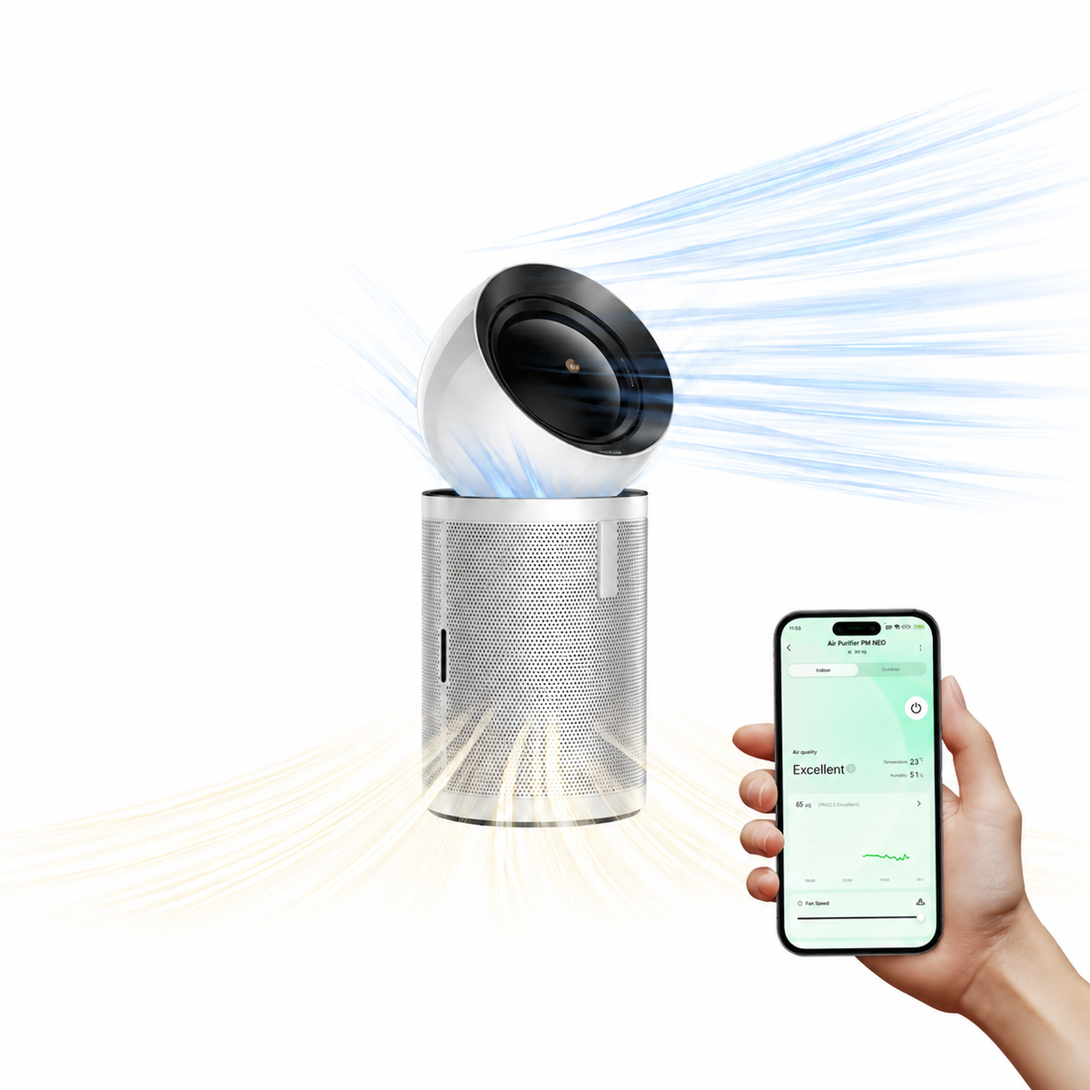 Black air purifier with mesh cylinder top and airflow vents, shown with smartphone app