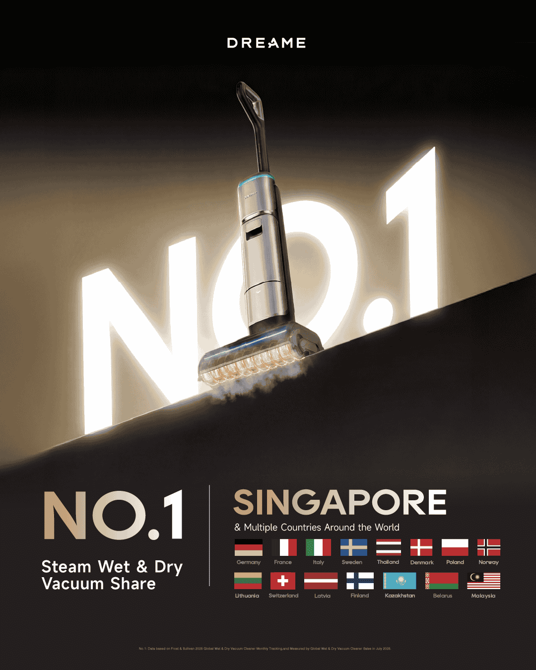 Dreame steam wet and dry cordless vacuum cleaner promotional graphic, No.1 Singapore