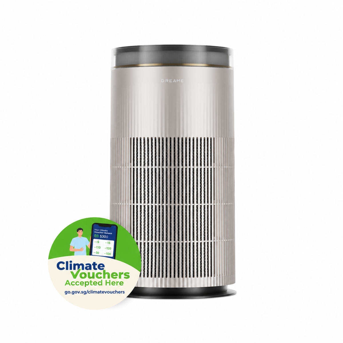 Dreame air purifier TP20 with Climate Voucher badge, cylindrical with mesh vents