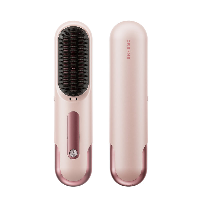 Rose-gold heated straightening brush with protective cover and dense black pins