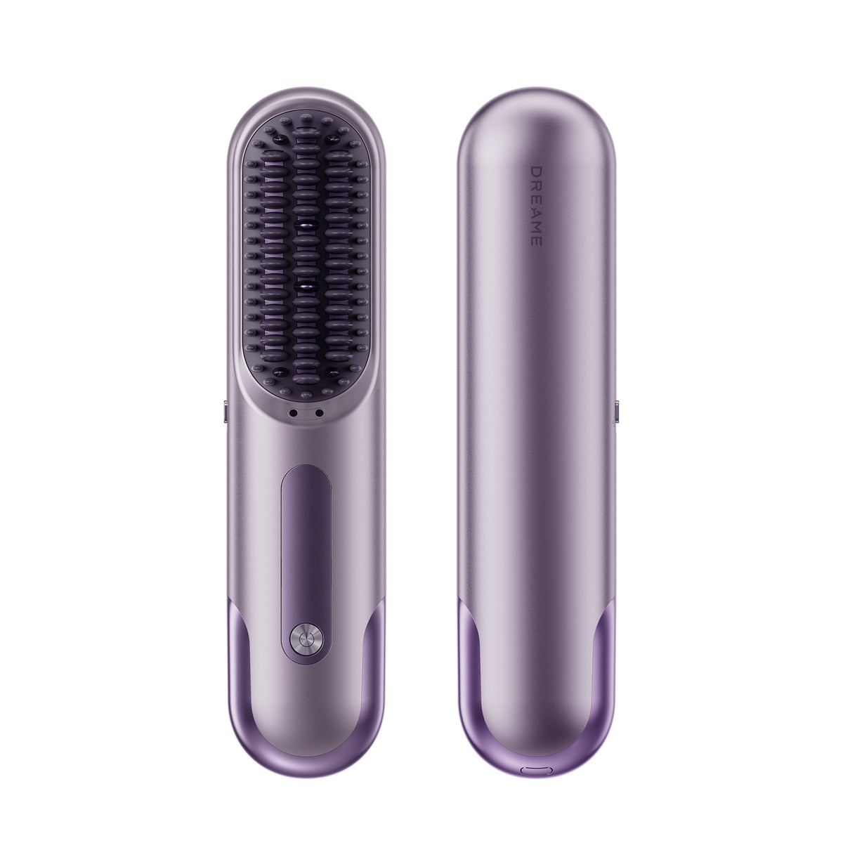 Purple heated straightening brush with oval barrel and dense bristle head