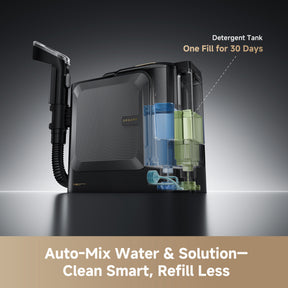 Steam spot cleaner with removable detergent tank and twin solution reservoirs