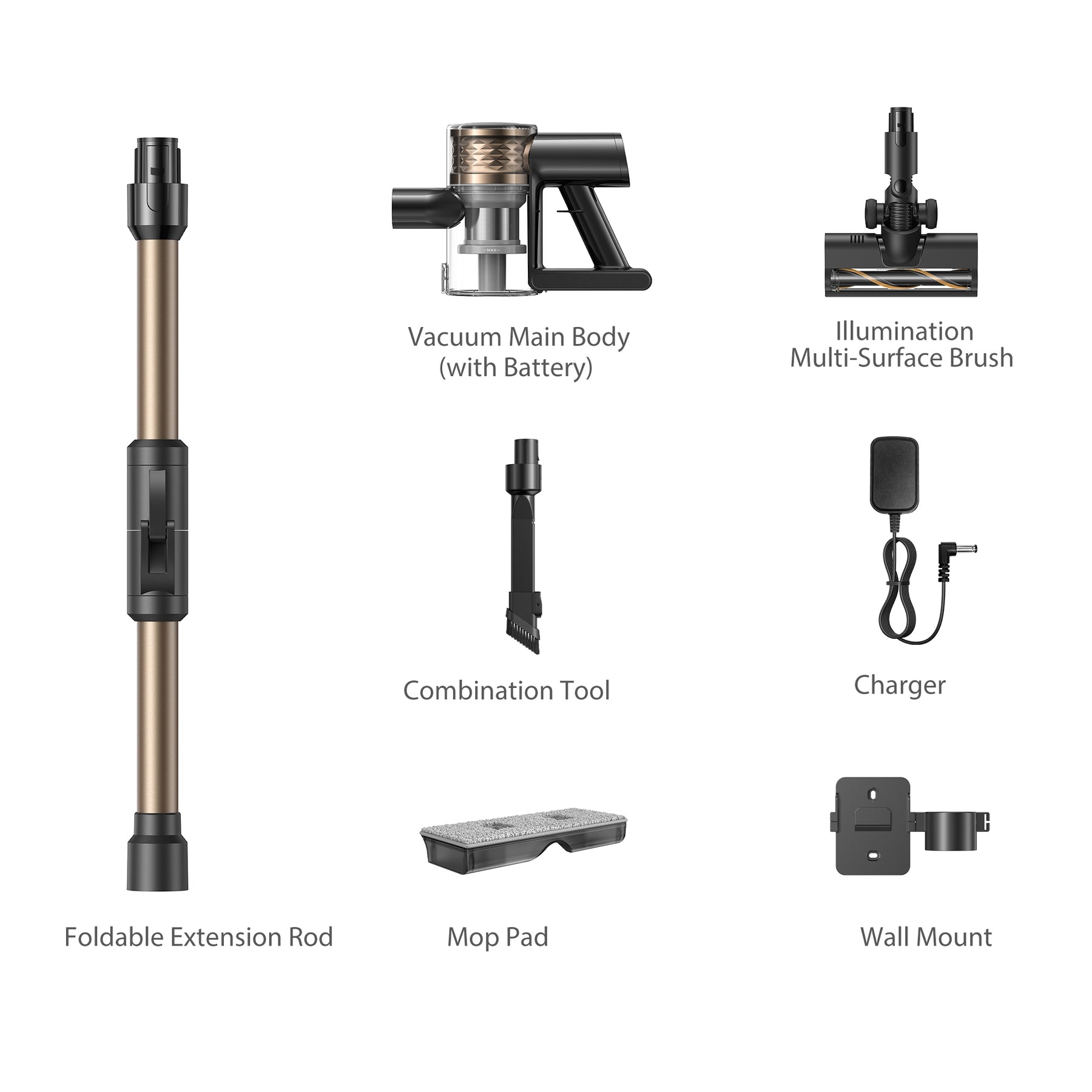 Cordless stick vacuum with foldable extension rod, mop pad, tools, charger, and wall mount