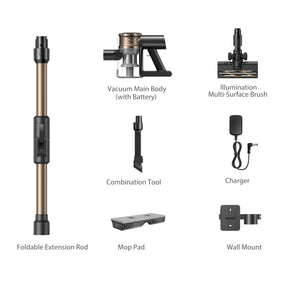 Cordless stick vacuum with foldable extension rod, mop pad, tools, charger, and wall mount