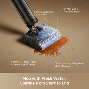 Wet/dry vacuum mop head releasing water with visible clean-water tank and brush roller
