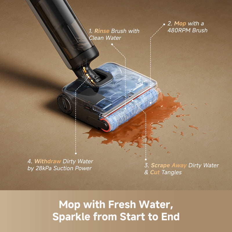 Wet/dry vacuum mop head releasing water with visible clean-water tank and brush roller