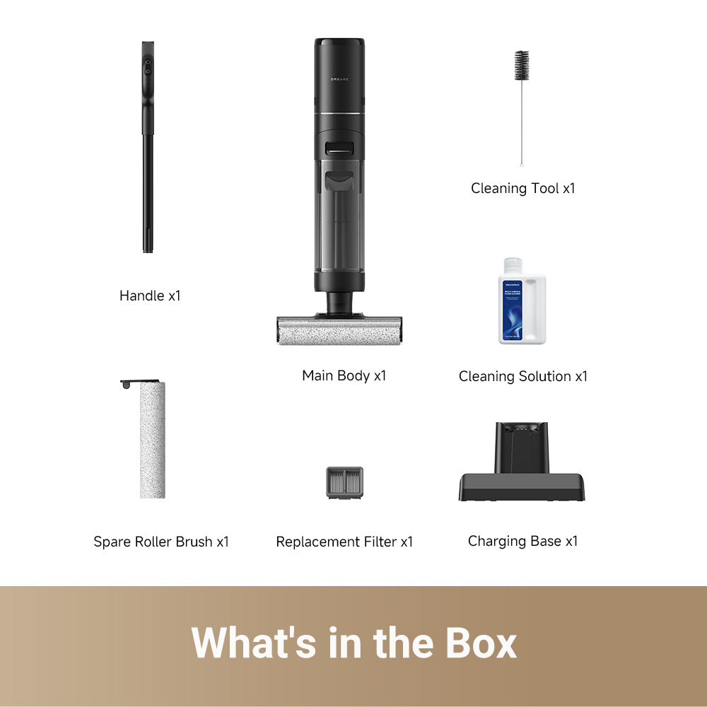 What's in the box: handle, main body, roller brush, filter, charging base