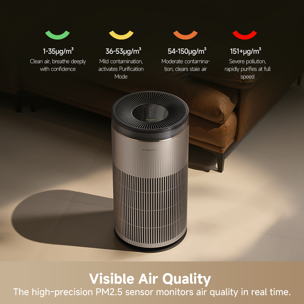 Dreame air purifier in a living room with visible air-quality sensor indicator on top.