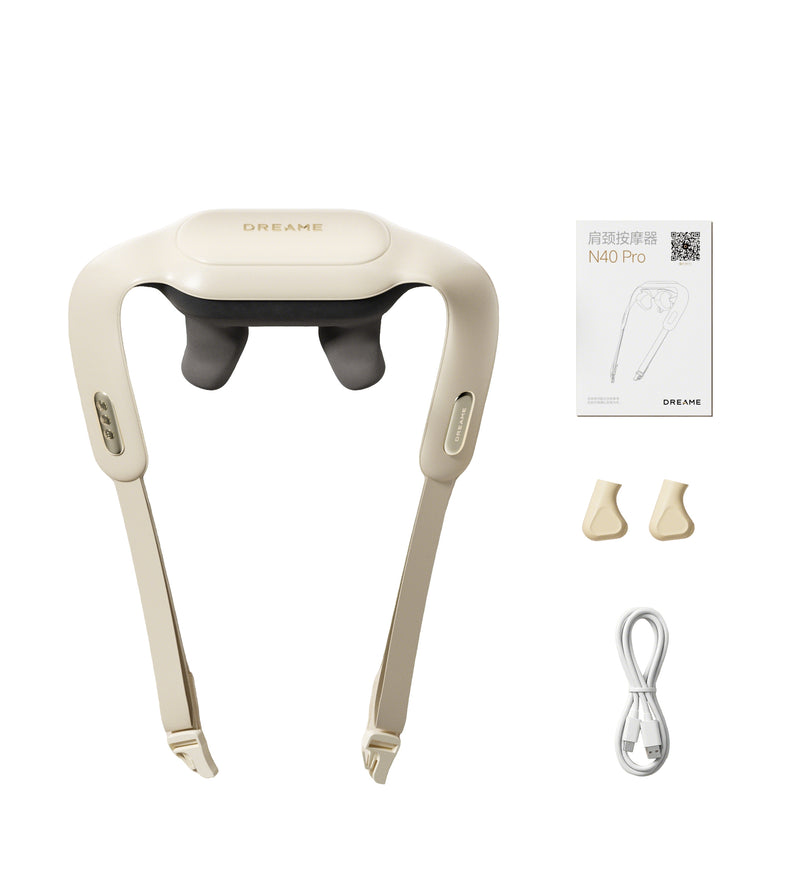 Neck and shoulder massager with cream straps and three black massage heads