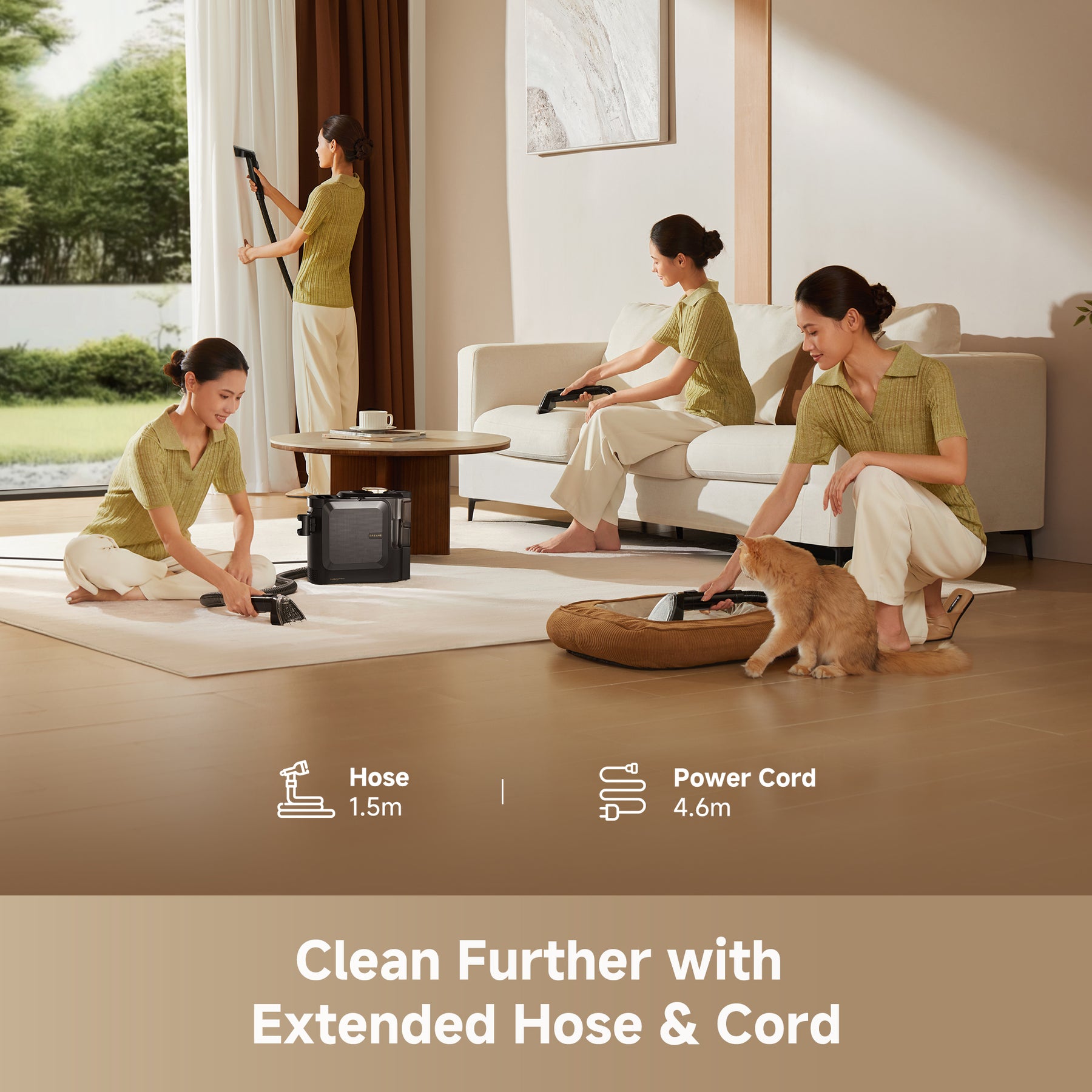 Dreame steam spot cleaner with hose, used for cleaning a couch and pet area indoors