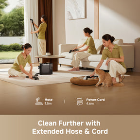 Dreame steam spot cleaner with hose, used for cleaning a couch and pet area indoors