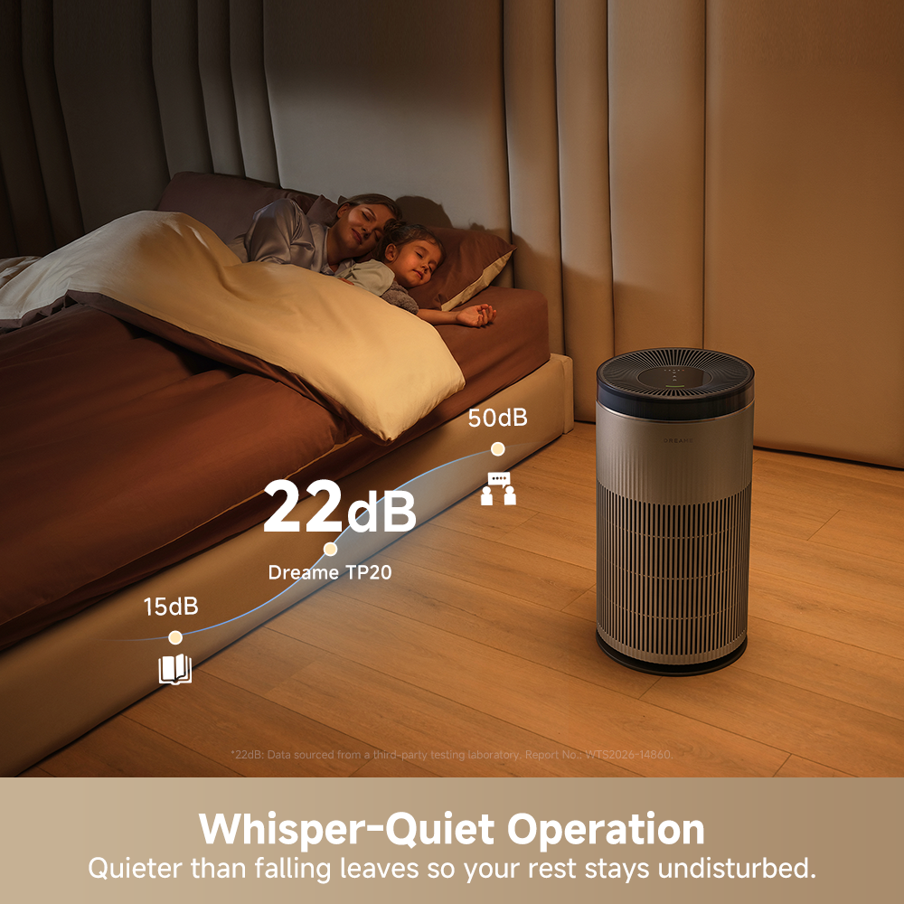 Dreame air purifier near a bed, designed for whisper-quiet operation at night.