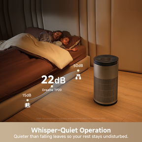 Dreame air purifier near a bed, designed for whisper-quiet operation at night.