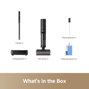 What's in the box: handle, main body, charging base, cleaning brush and solution