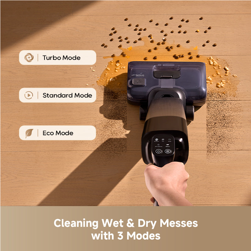 Wet/dry vacuum control unit with three mode buttons and floor suction nozzle