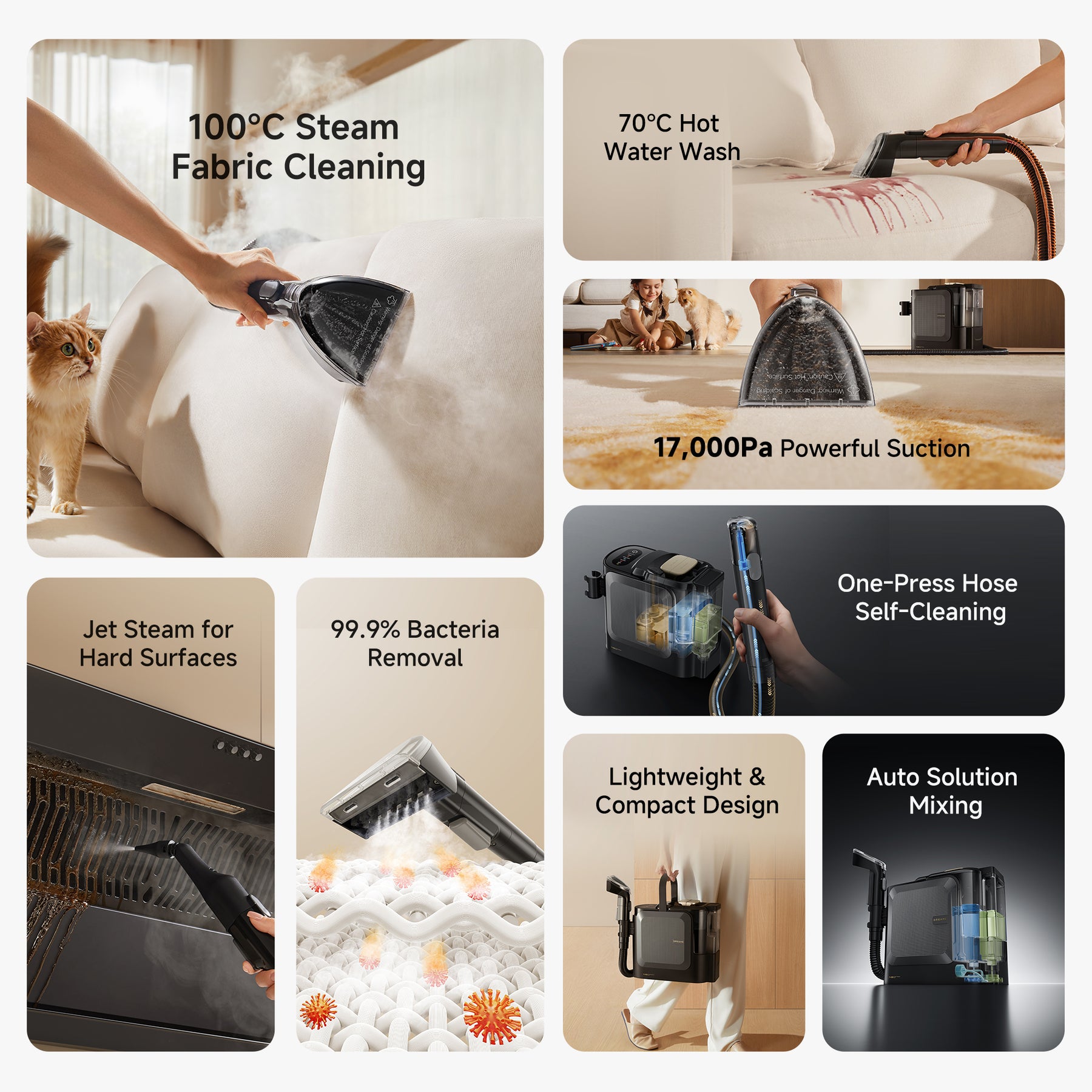 Steam spot cleaner system with fabric steam nozzle and self-cleaning hose