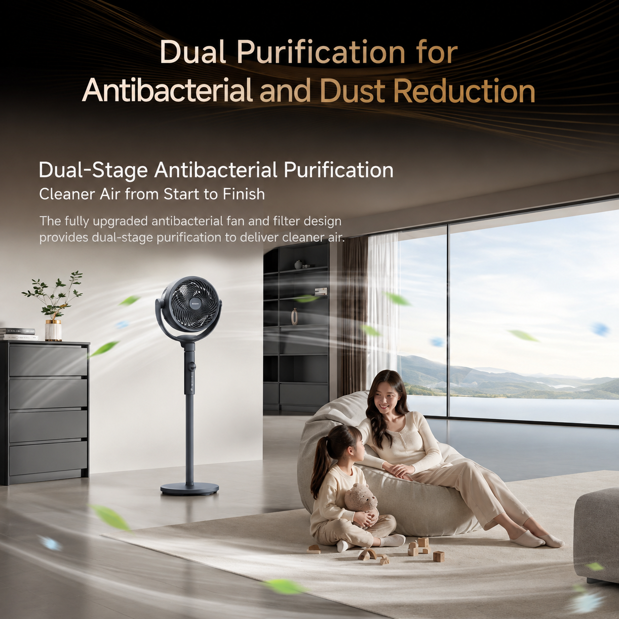 Standing air circulator fan with pedestal base, black finish
