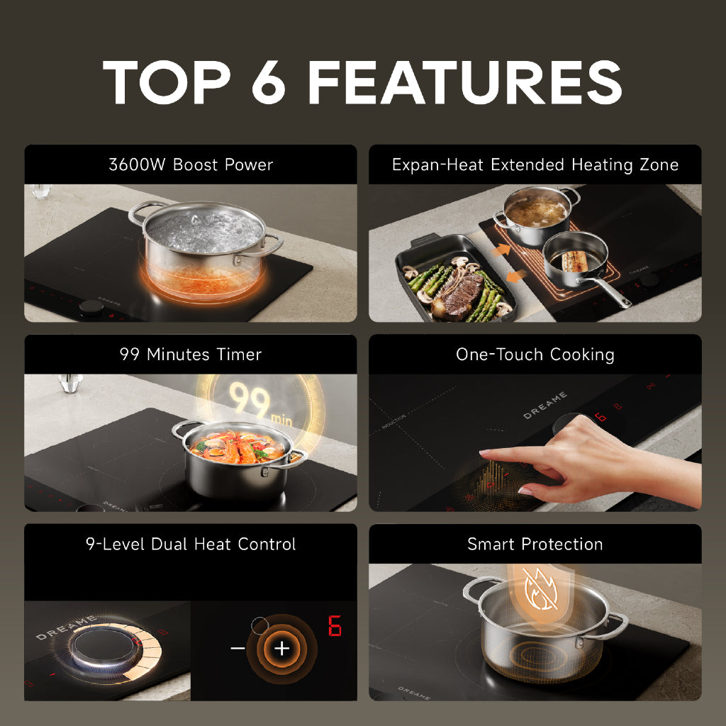 Black induction cooktop with touch panel and red LED display, pots on surface