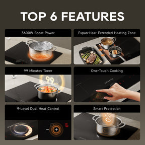 Black induction cooktop with touch panel and red LED display, pots on surface
