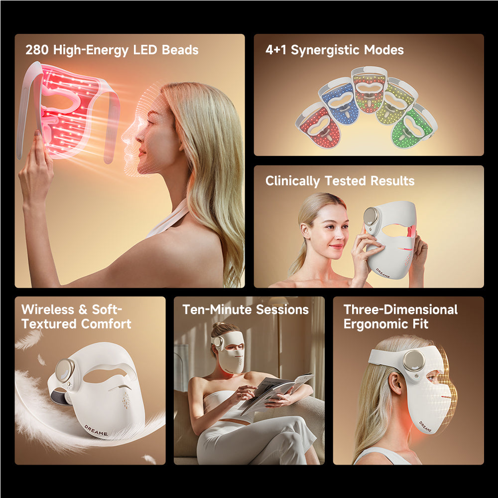 LED skincare mask device shown with light modes and textured comfort fit