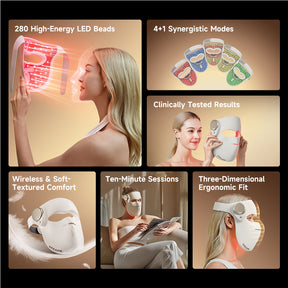LED skincare mask device shown with light modes and textured comfort fit
