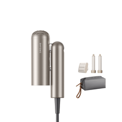 Light gray/silver pocket hairdryer with 2 nozzles, diffuser, and travel storage pouch