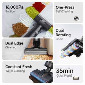 Infografik: Dreame G10 Pro mit One-Press Self-Cleaning und Dual Edge Cleaning