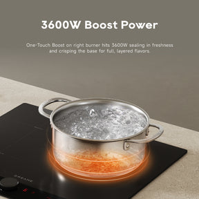 Black induction cooktop with a boiling pot and glowing heating ring underneath