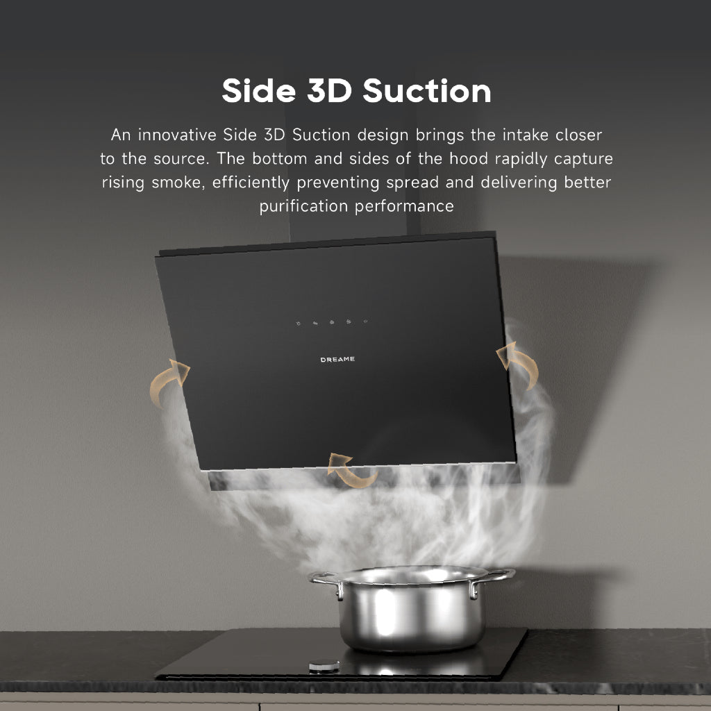 Dreame slanted canopy hood with black housing and glass panel, wall-mounted over stove