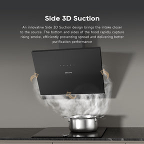 Dreame slanted canopy hood with black housing and glass panel, wall-mounted over stove